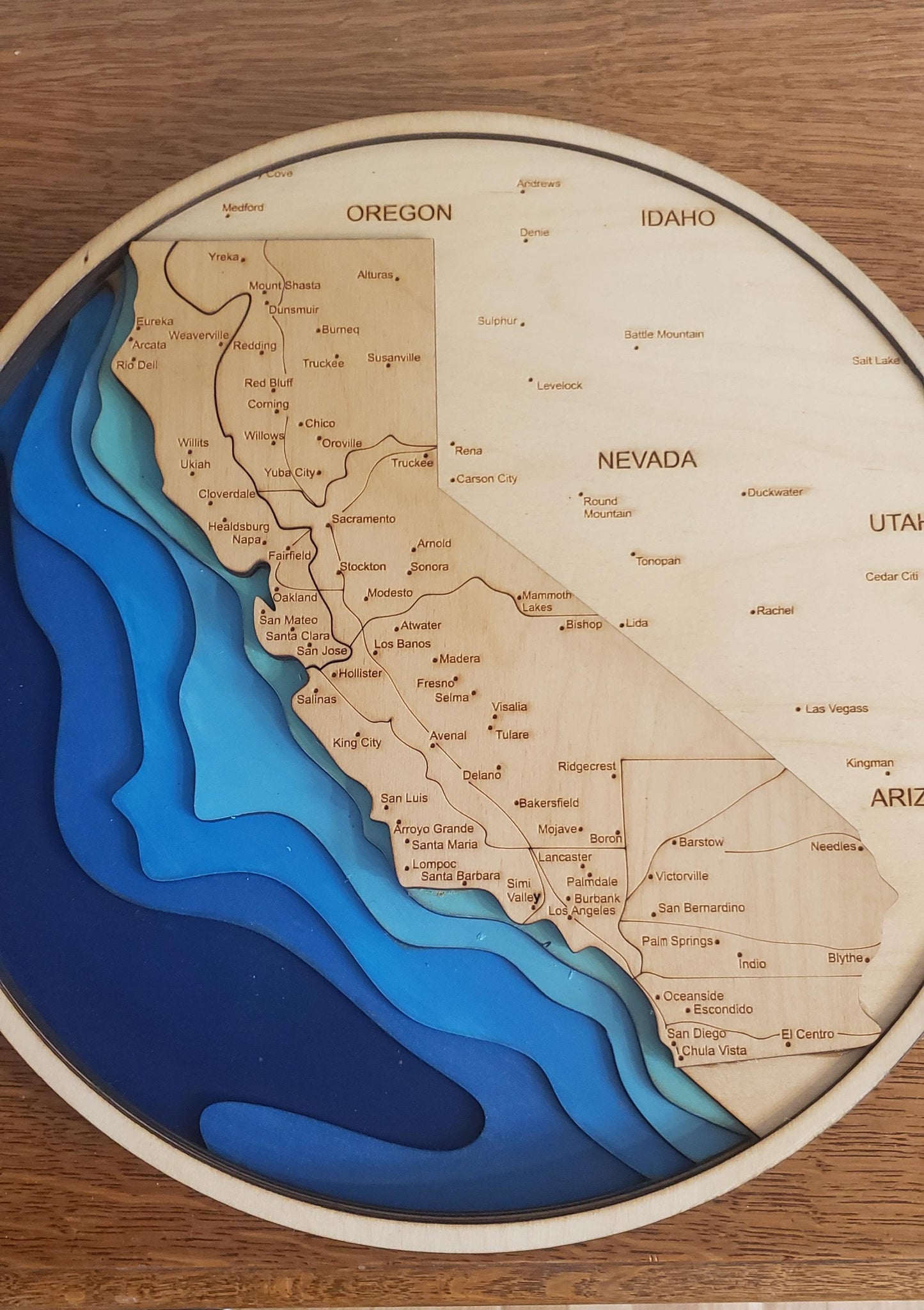 Laser cut, 8-layer 3D map of California