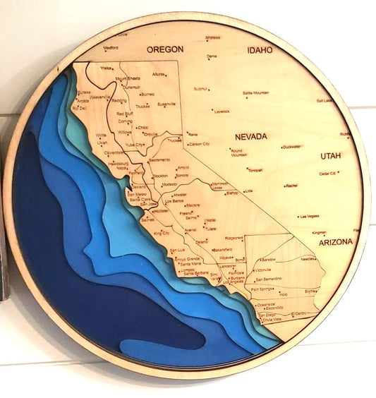 Laser cut, 8-layer 3D map of California