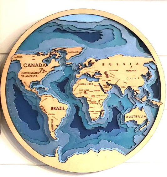 Laser cut, 6-layer 3D map of the World