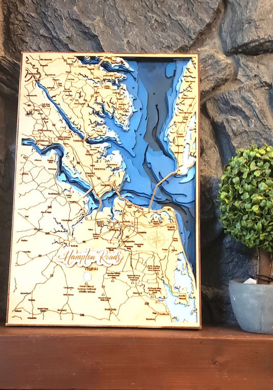 Hampton Roads 3D Map, 8 Layer Map, Laser Cut Map, Virginia, East Coast, Coastal Wall Art Sign, Beach House Decor, Nautical Print