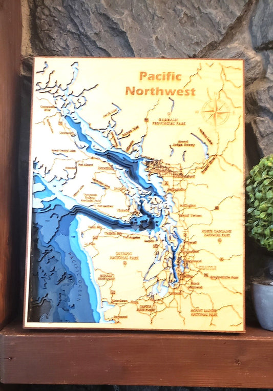 Laser cut, 8-layer 3D map of Pacific Northwest