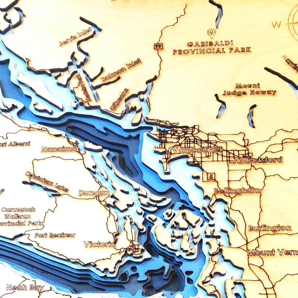 Laser cut, 8-layer 3D map of Pacific Northwest