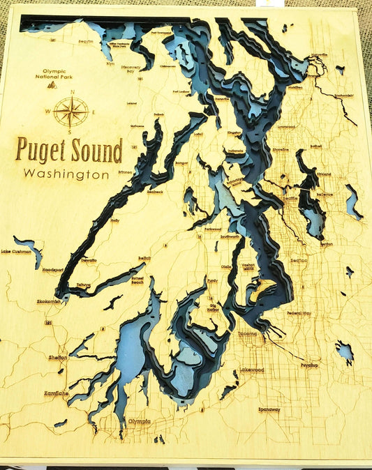 Laser cut, 8-layer 3D map of Puget Sound